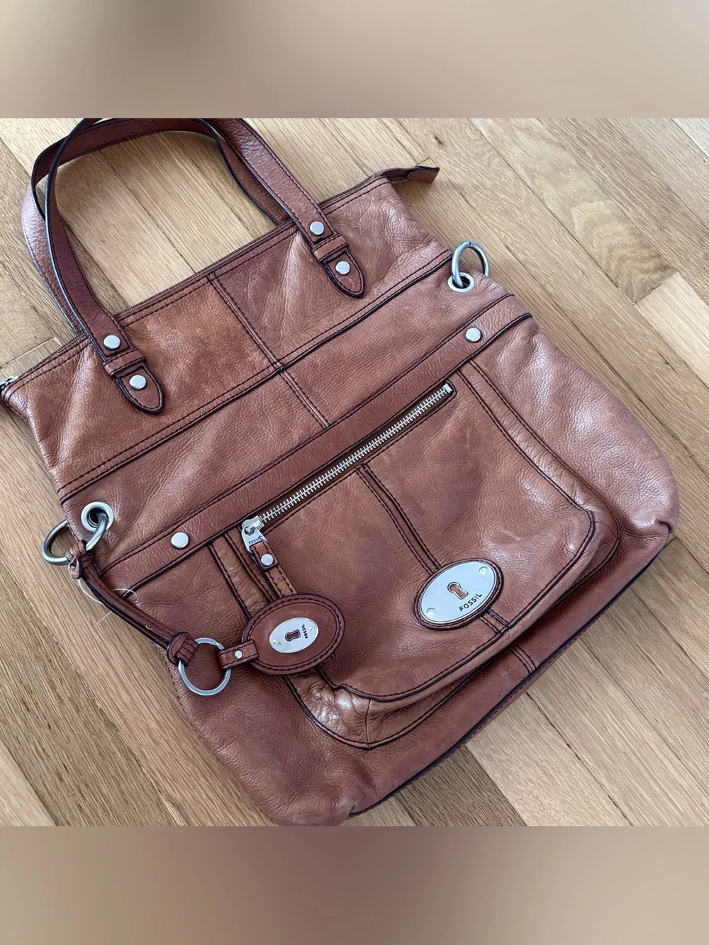 FOSSIL Vintage Brown Leather Shoulder Bag Large Tote Purse Y2K Utility Slouchy